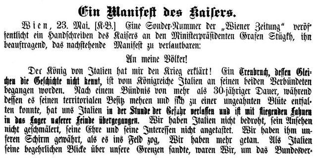 Die Einleitungssätze des von der „Bozner Zeitung“ veröffentlichten Manifestes „An meine Völker“ von Kaiser Franz Josef